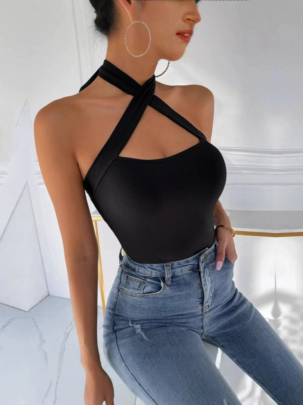 Zara Solid Color Halter Cross Back Cami Top